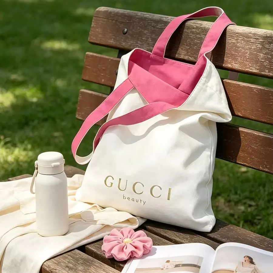 GUCCIs bag Women Canvas Tote Bag Double Sided Design Rose Pink White Color Large Capacity Shoulder Bag Puff Storage Casual Daily