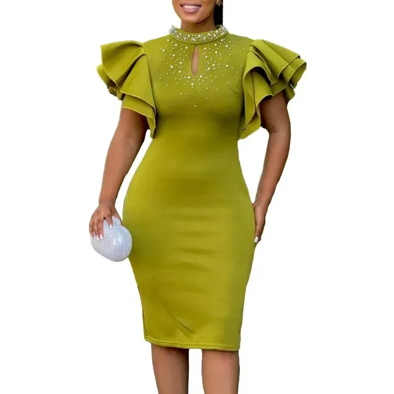 Summer Fashion Red Rhinestone Women\'s Mini Party Dress Slim Fit Elegant Nail Bead Sexy High Neck Ruffled Birthday Evening Dress
