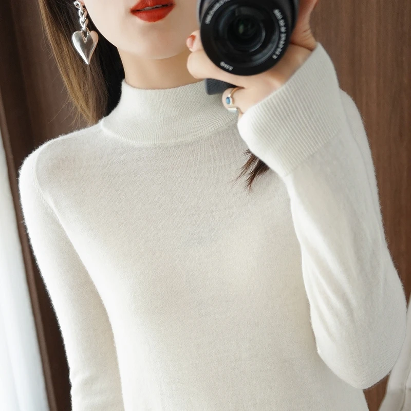 Worsted 100% wool leggings women half high collar 2022 Spring and Autumn loose solid color thin sweater cashmere sweater