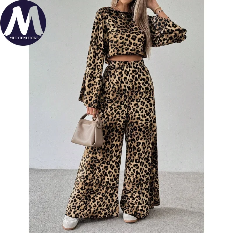 Damen Zweiteiler mit Leopardenmuster, Frühling/Sommer, Langarm-Oberteil mit Rundhalsausschnitt und lässige, weit geschnittene Hose, modisches Outfit