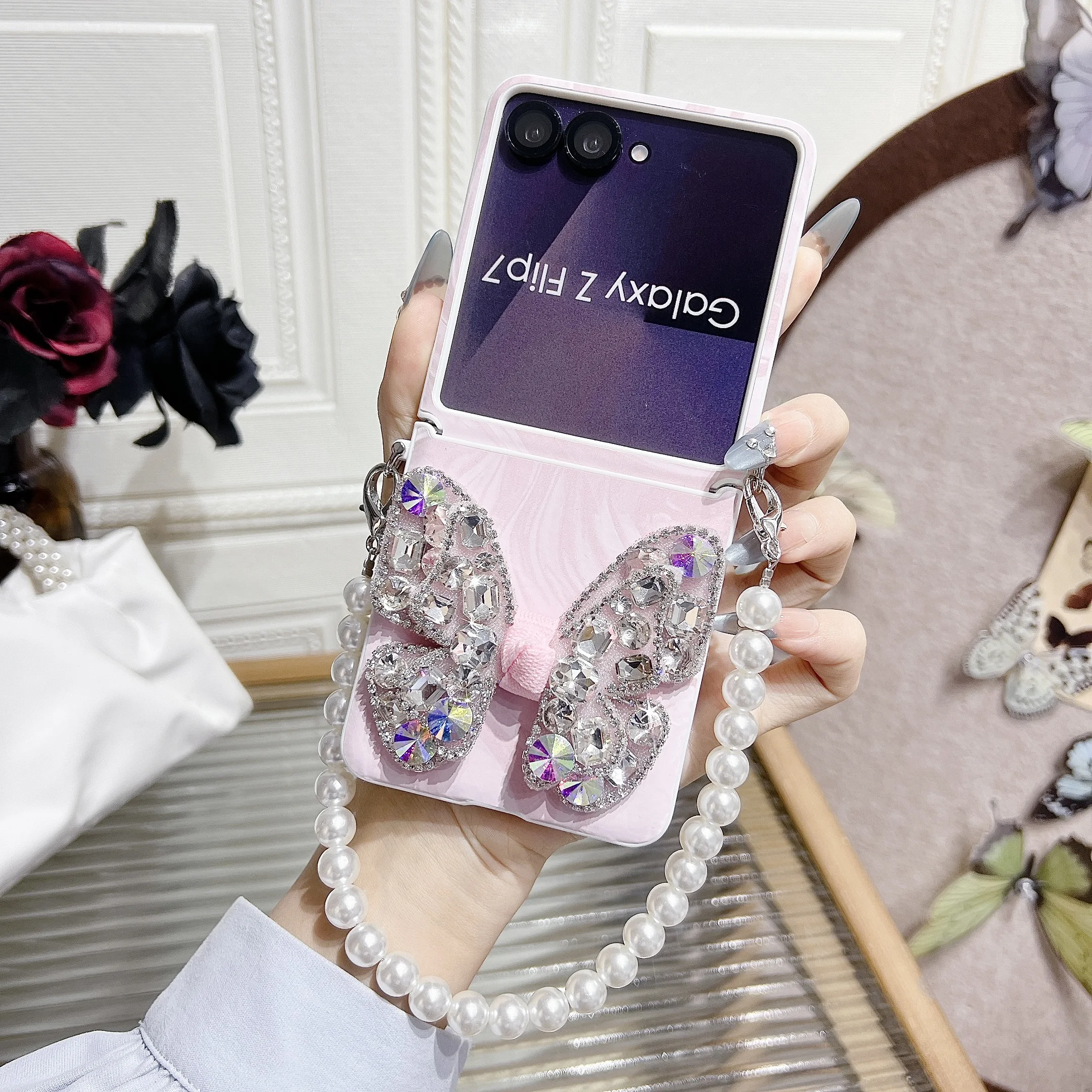 Butterfly Diamond and Gorgeous Pearl Wrist Phone Case for Samsung Galaxy Z Flip 7 FE 6 5 4 3 Start Wrist Strap Protective Cover