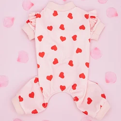 Pink Hearts Small Dog Pajamas Flutter Sleeve Valentine's Day Stretchy Puppy Pjs Soft Onesie Cat Clothes Jumpsuit for Daily Wear