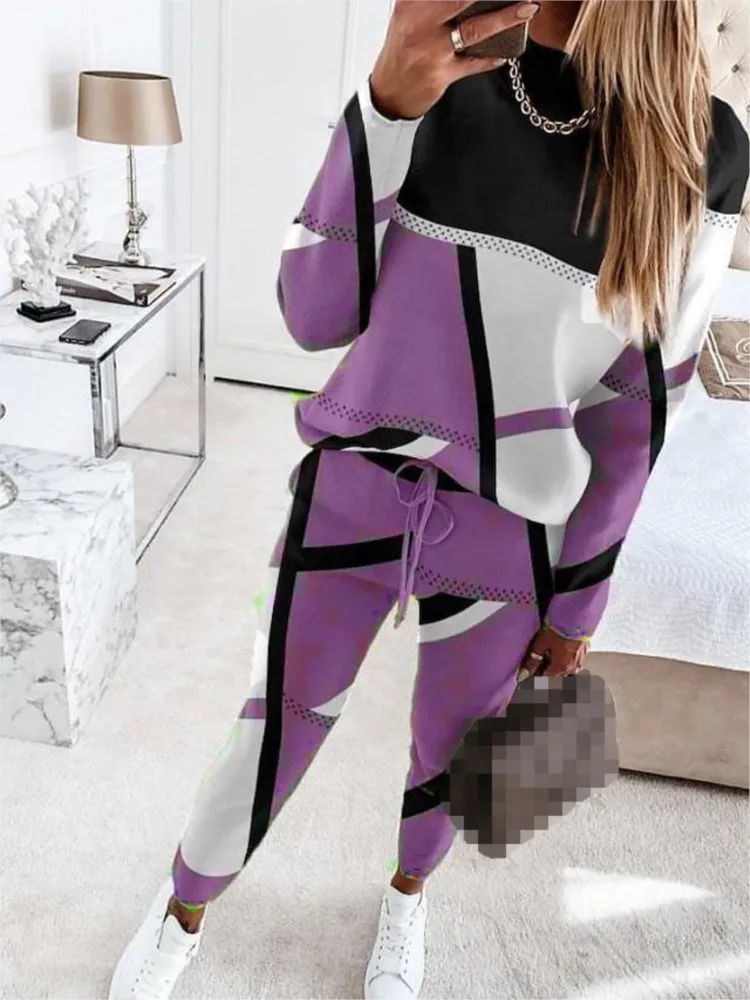 Women's Suit   New Two-piece Fashion Colorblock Printed Long Sleeve Round Neck Contrast Color Casual Pants Women's Suit