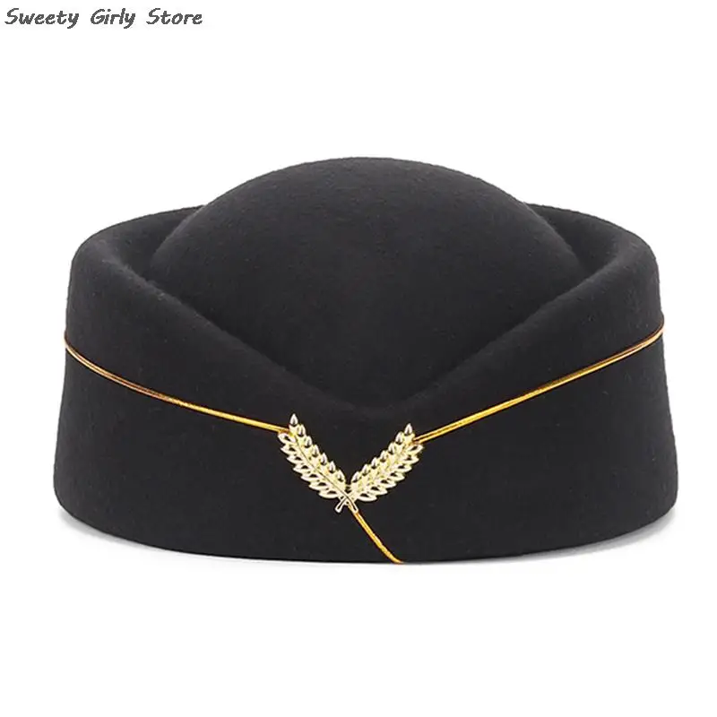 

Women Elegant Stewardess Cadet Uniform Hat Caps Wool Felt Pillbox Air Hostesses Beret Hat Costume Cosplay Musical Performance