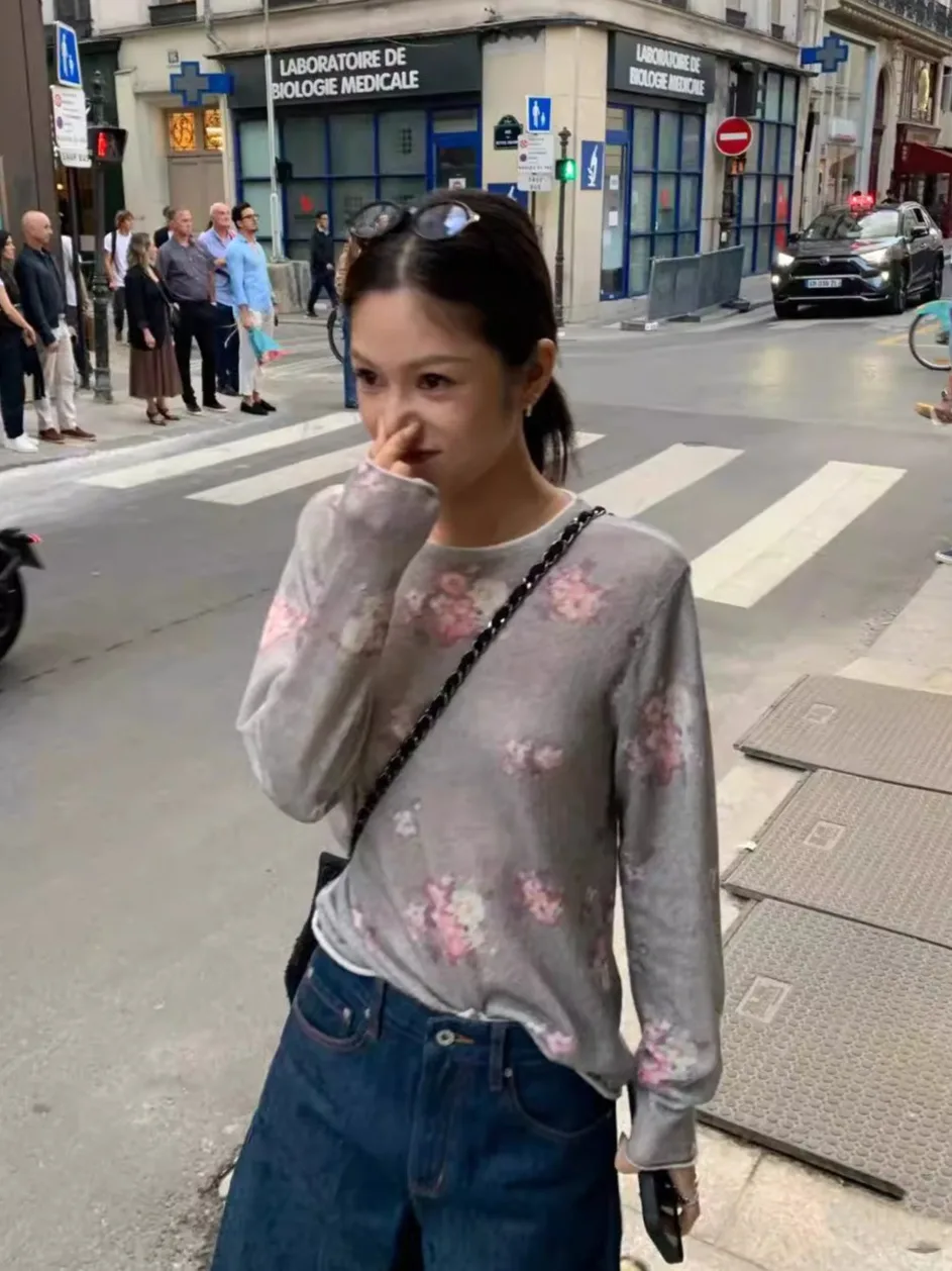 Soft Nana Laid-Back Style Alpaca Wool Printed Knitted Loose round Neck Overhead Grey Flower Women's Sweater Top Citywalk