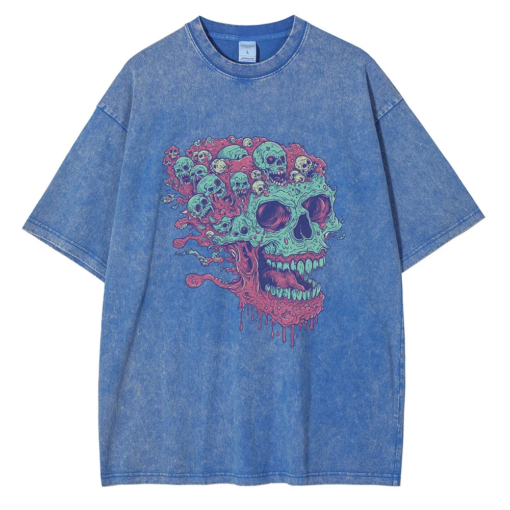 Monster Zombie Skull Graphic T Shirts Heavyweight Cotton Distressed Washed Mens Tops Colorful Cartoon Style Oversized T Shirt