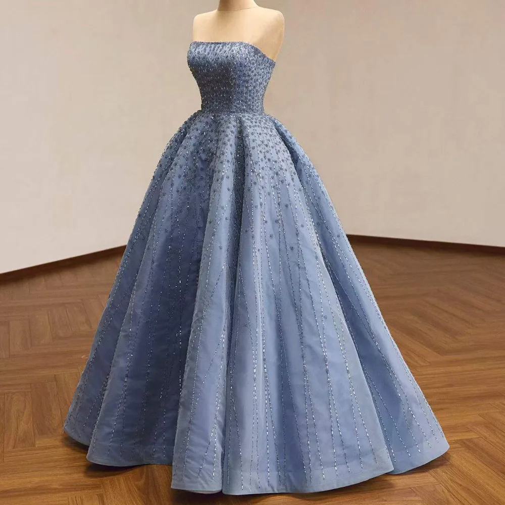 Royal Blue Evening Dress Strapless Sleeveless Sequined Beading Lace Up Back Customized Charming Prom Dress