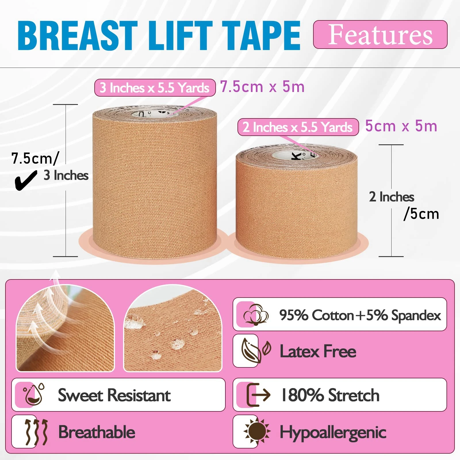 OK TAPE 7.5CM X 5M Breast Lift Tape, Boob Tape for Large Breasts Lift A-G Cup, Invisible bra with 5 Pairs Nipple Cover Set