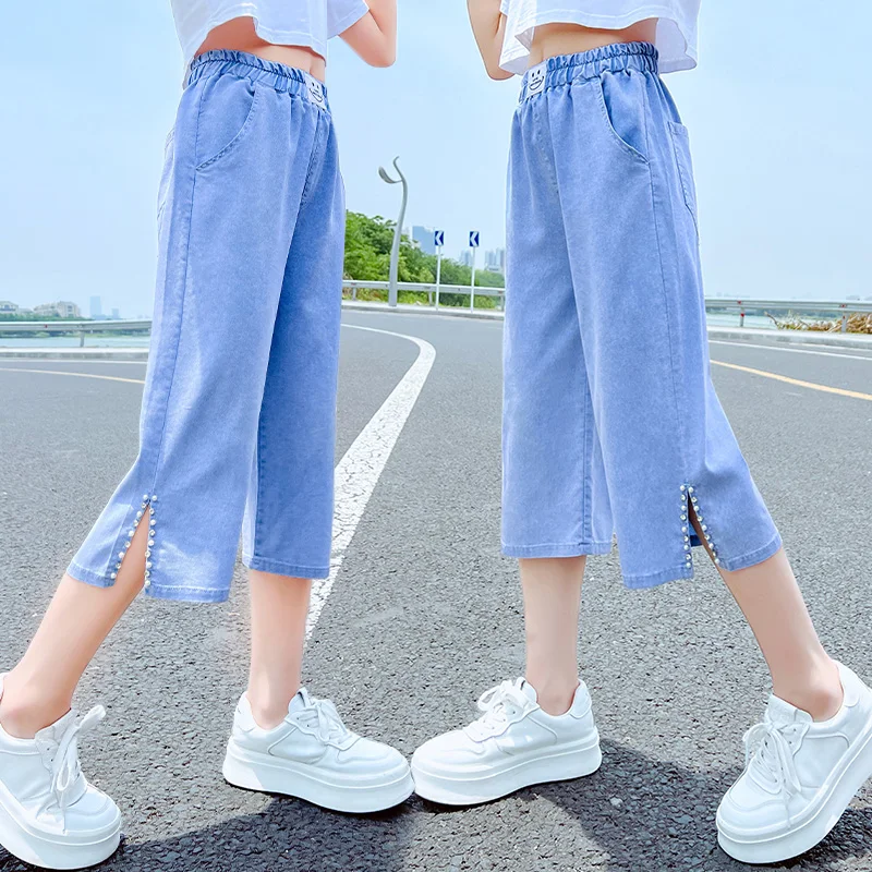 Lightweight Children Summer Loose Straight 7/8 Length Jeans Shorts with Pearl for Girls New Fashion Capris Denim Shorts Pants