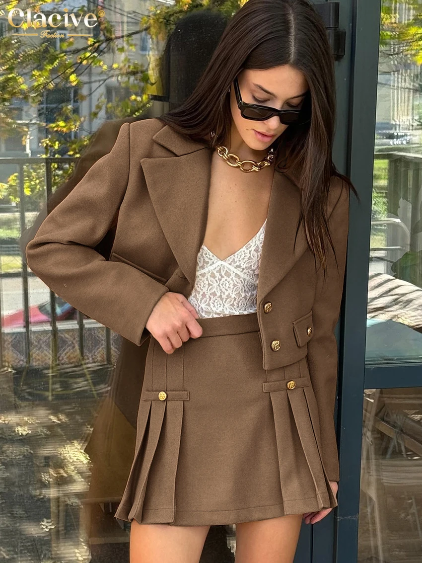 Clacive Fashion Loose Brown Office 2 Piece Sets Women Outfit 2025 Elegant Long Sleeve Crop Top With High Waist Mini Skirt Set