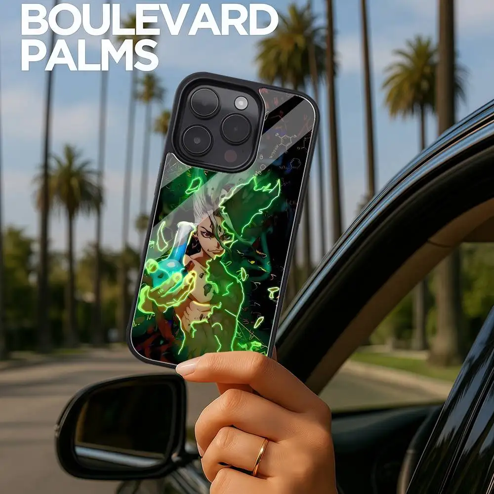 Anime dr s-stone caso de telefone preto plástico duro caso de telefone para iphone 17 ar 16 15 14 13 12 11 pro max pc tpu ins caso