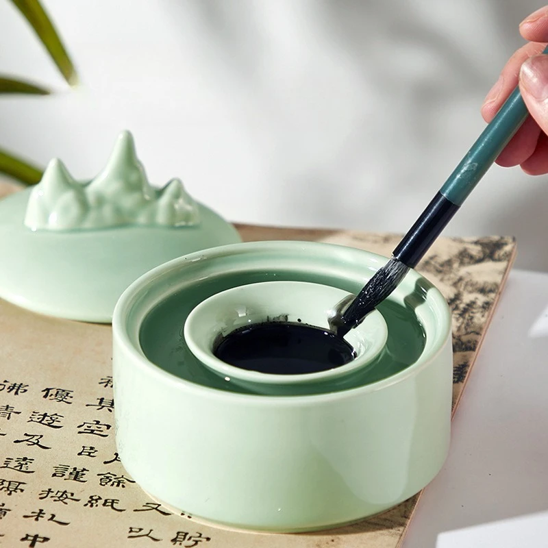 Ceramic Hot Pot Ink Stone Multifunctional Ink Cartridge Ink Stone Calligraphy Paint Mixing Palette Chinese Writing Drawing