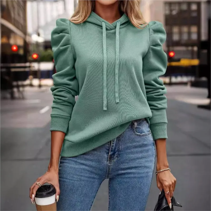 Ladies Elegant Puff Sleeves Hoodie 2024 Autumn/Winter New Fashion Hooded Solid Color Long Sleeved Casual Women\'s Sweatshirt Tops