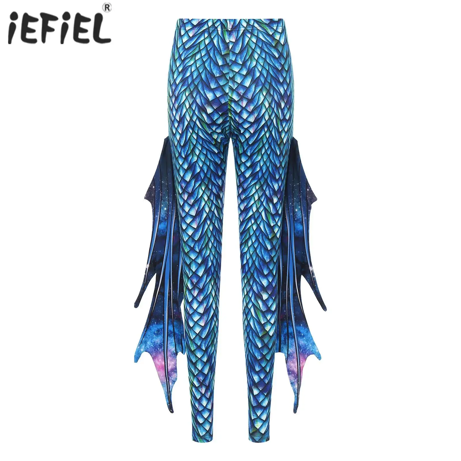 Womens Mermaid Leggings Trousers Cosplay Costume Fish Scale Print Tights Leggings Shiny Pants with Tulle Mermaid Flare Pants