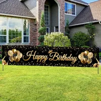 1pc  Black Gold Balloon Pattern Birthday Polyester Banner, Background Cloth Decoration Birthday Party, Outdoor Fence Decor