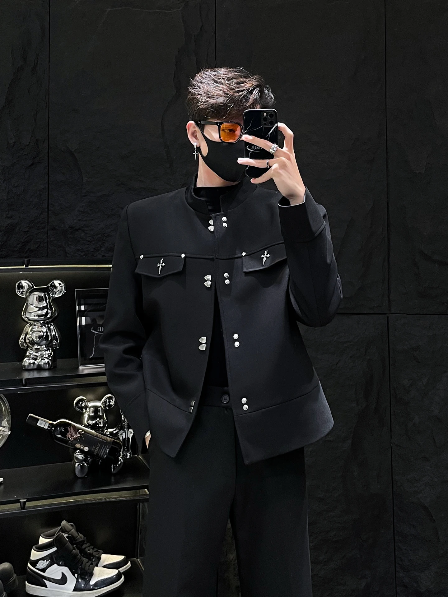 

Мужская куртка HOMME с металлическими вставками, синяя, с подплечниками, весна-осень, повседневная, удлиненная, прямой крой