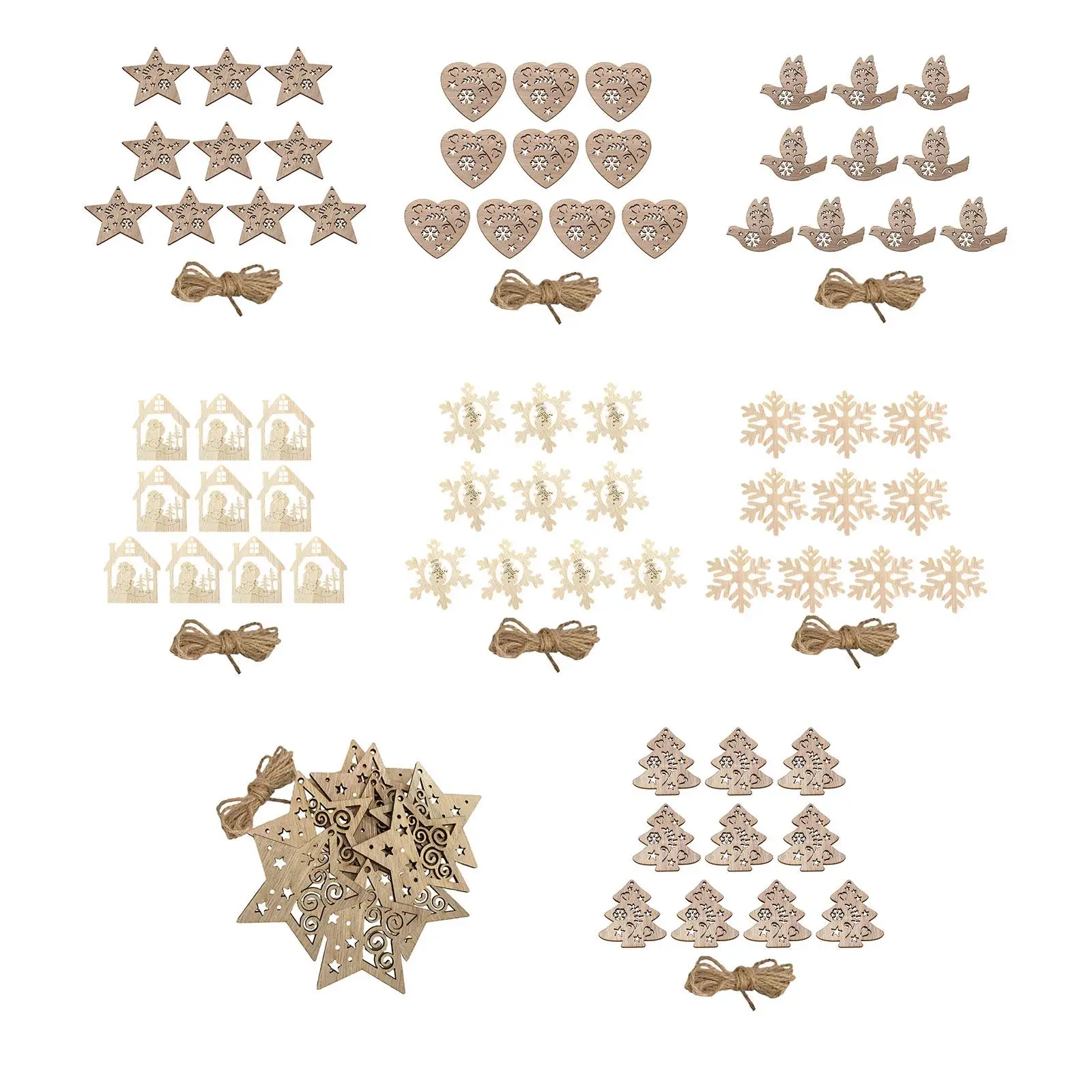 10x Christmas Wood Slices Unfinished Wooden Cutouts with Rope Christmas Decoration for Painting DIY Craft Project