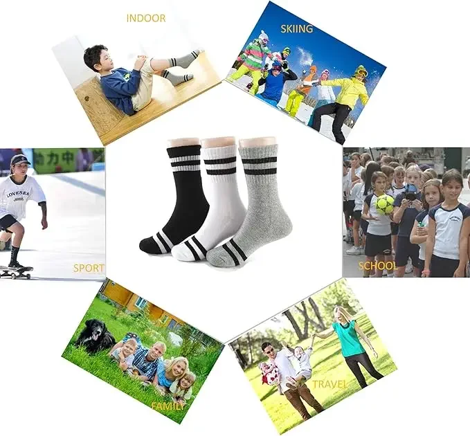 100% Cotton Athletic Ankle Socks for Boys & Girls Terry-Loop Cushion Warm Socks Combed Cotton for Autumn Winter Children's Footw