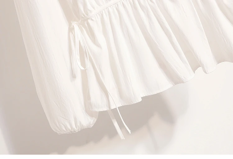 2026 Weiße Bluse mit Kordelzug-Taille, langen Ärmeln, lockerem Schnitt, verjüngendem Peplum, Babydoll-Stil, lässiges Top aus Crinkle-Stoff – Detail 15