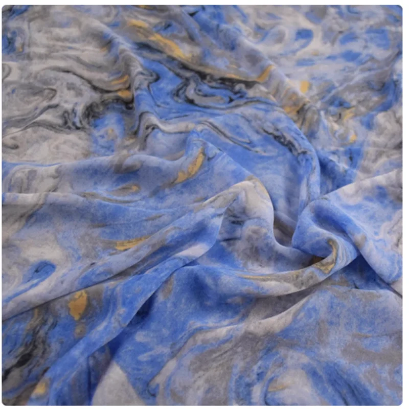 China Wind Blue Abstract Smudge Print Chiffon Fabric, Dress, Cheongsam, Han Cloth Sewing Tissue, Thin, Transparent T2348
