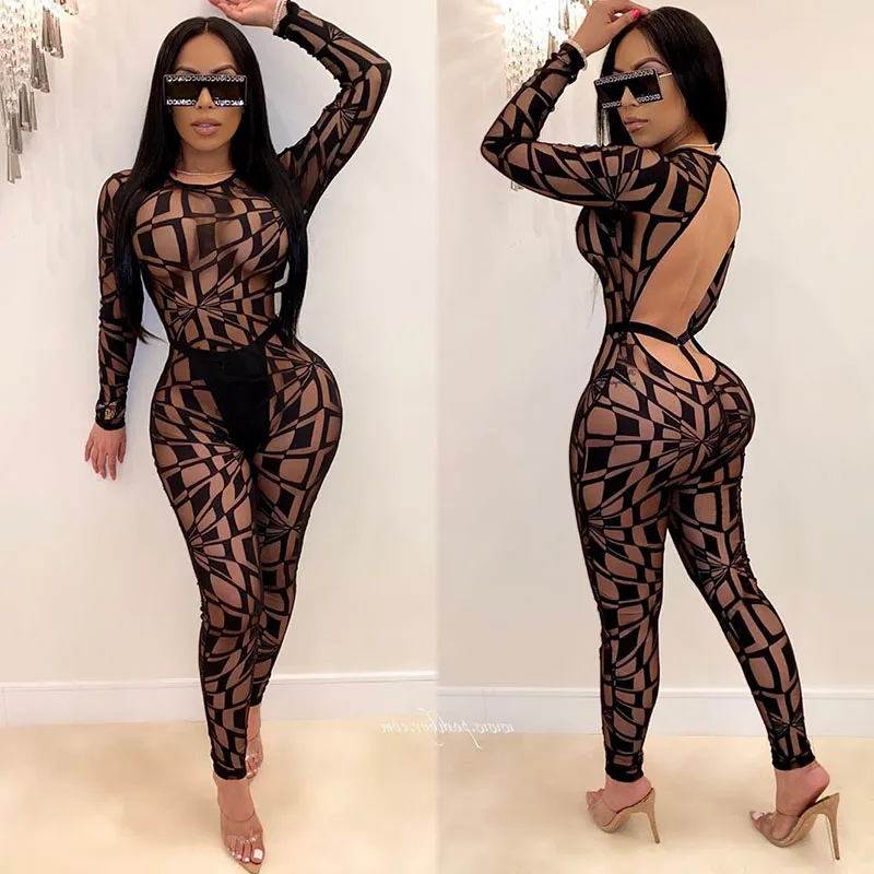 

Sexy Black Mesh Sheer Nightclub Jumpsuit Women Rompers Clubwear Birthday Outfits for Women Backless Skinny One Piece Overalls