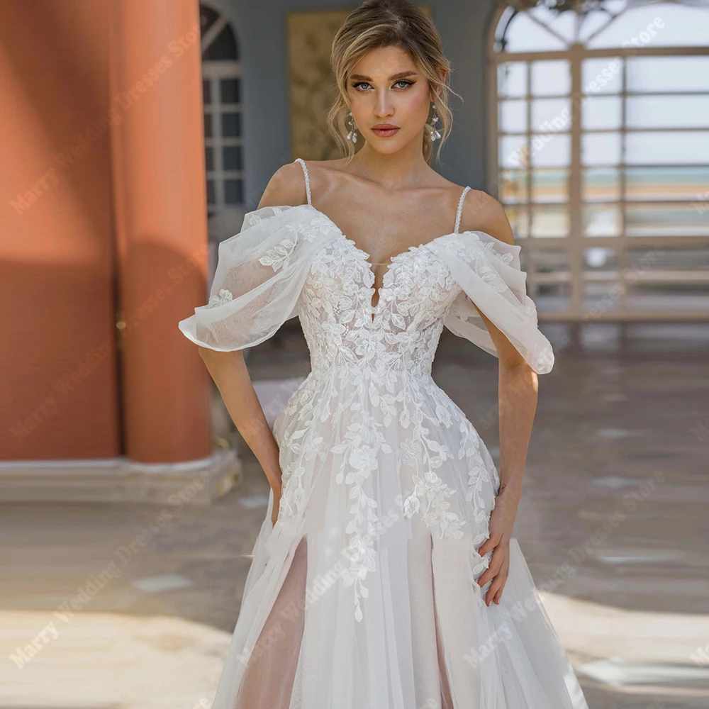 Charmoso fora do ombro vestidos de casamento feminino 2025 elegante renda flor impressão a linha vestidos de noiva bola robes de mariée personalizado