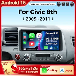 Android 16 Car radio For Honda Civic 8th 2005-2011 Carplay Android auto Qualcomm Car stereo Multimedia player 4G wifi 48EQ 2 din