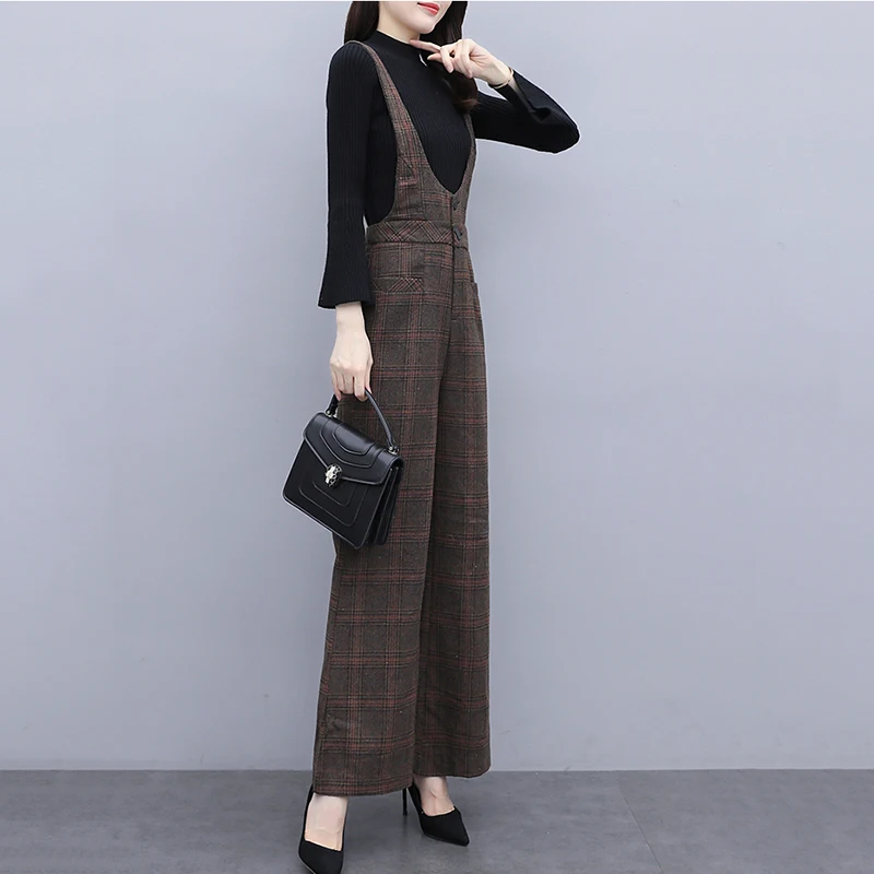 2024 Autumn Winter Plaid Woolen Jumpsuit Women High Waist Office Lady Jumpsuits Combinaison Femme Elegant Overalls