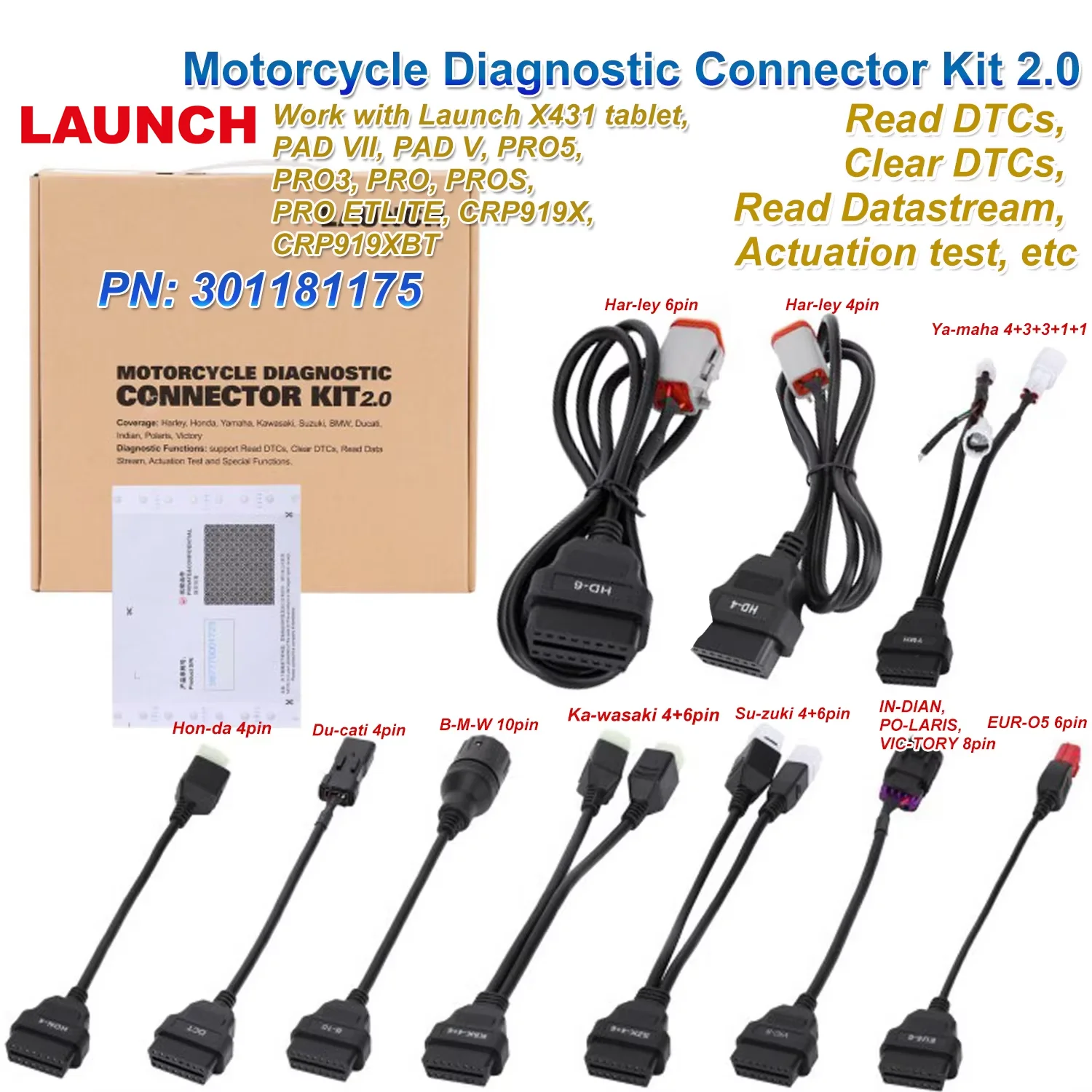 

LAUNCH Motorcycle Diagnostic Connector Kit 2.0 for Ducati, Indian, Polaris, Victory, Harley, Honda, Yamaha, Kawasaki, and Suzuki
