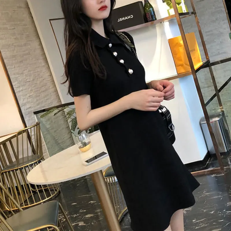 Damenbekleidung Aura Polokragen-Knopfkleider Basic Vintage Einfarbig Sommer Schlank Elegant A-Linie Taille Gestricktes Minikleid Neu