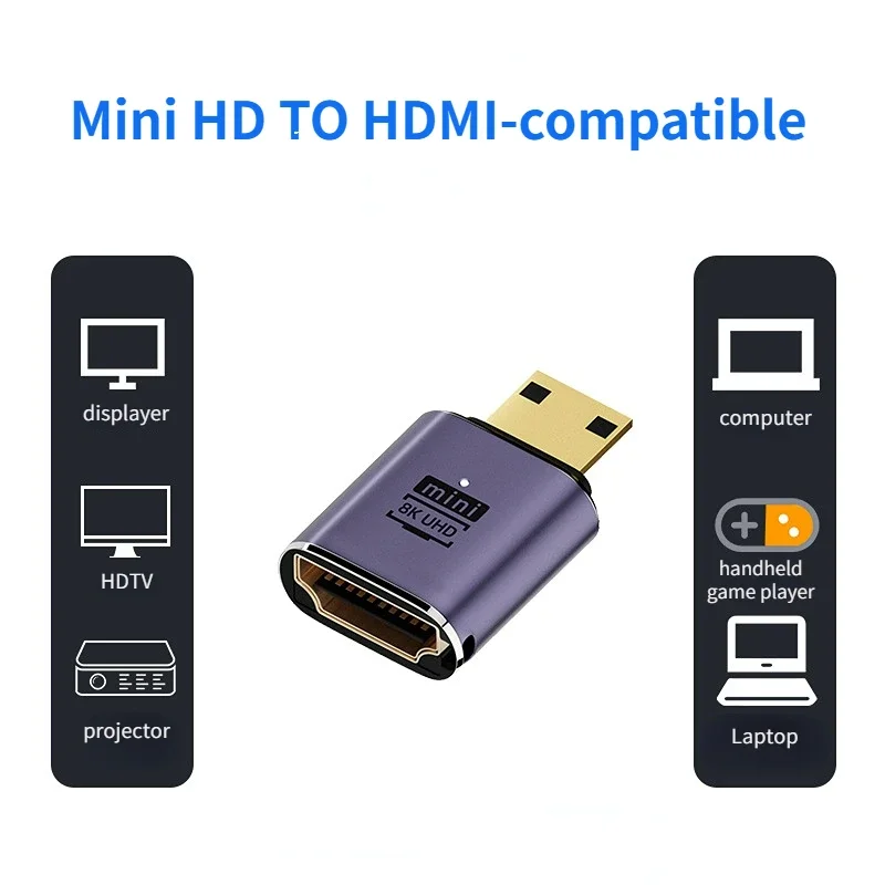 UHD 8K 60Hz HDTV V2.1 Adapter 180 Degree down Angle Mini/Micro HD Male To HDMI-Compatible Female Adapter Connector