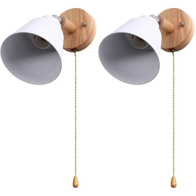 

2X Nordic Wooden Wall Lamp Bedside Wall Lamp Sconce Light For Bedroom Corridor With Zip Switch Freely Rotatable(White)