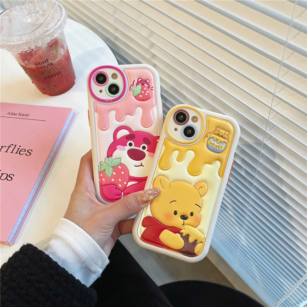 Lotso Toy Story Winnie the Pooh Leather Disney Cover for iPhone 11 12 13 14 15 16 Pro Max Plus 14Plus 15Plus 3D embossing Case