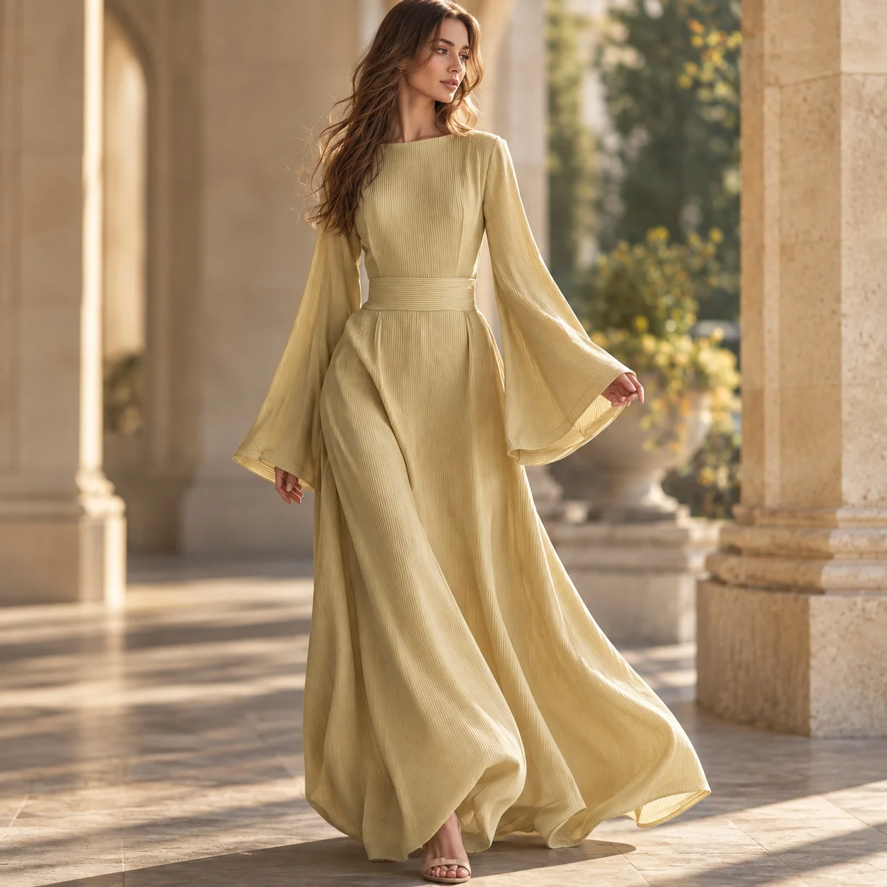Long Sleeve Pull on Gown High Waist Light Mature Style with No Iron Finish Full Skirt Midi Waist Winter Party Dress for Women