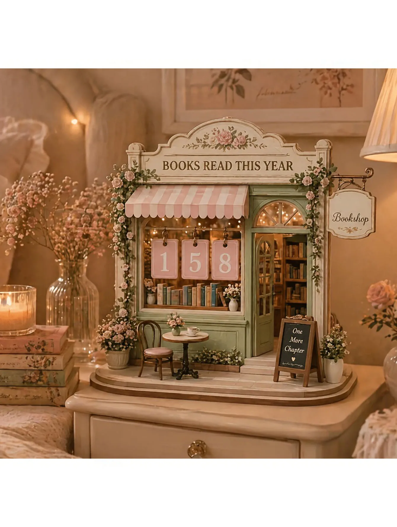 Un ensemble de marque-pages rétro en bois, de panneaux décoratifs et d'étiquettes pour livres, ainsi que des comptoirs pour livres et étagères, pour la décoration de la maison.