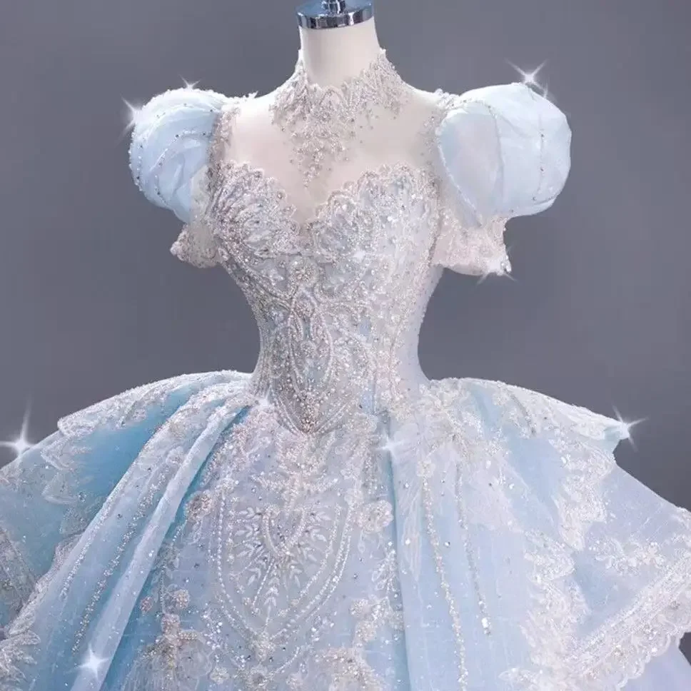 

2025 New Bridal Premium Texture Big Trailing Blue French Puff Sleeve Fugitive Princess Wedding Dress Hot Sale