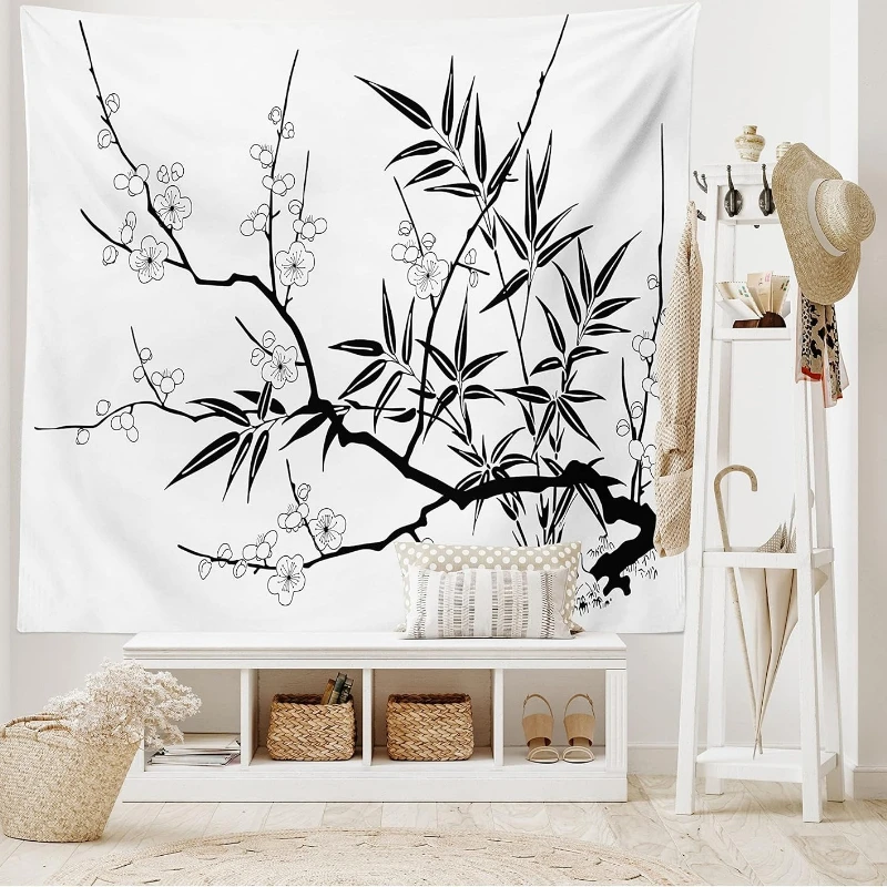 Modern Tapestry, Japanese Cherry Blossoms Tree Branches Flowers Leaves Image Print, Wide Wall Hanging for Bedroom Living Room