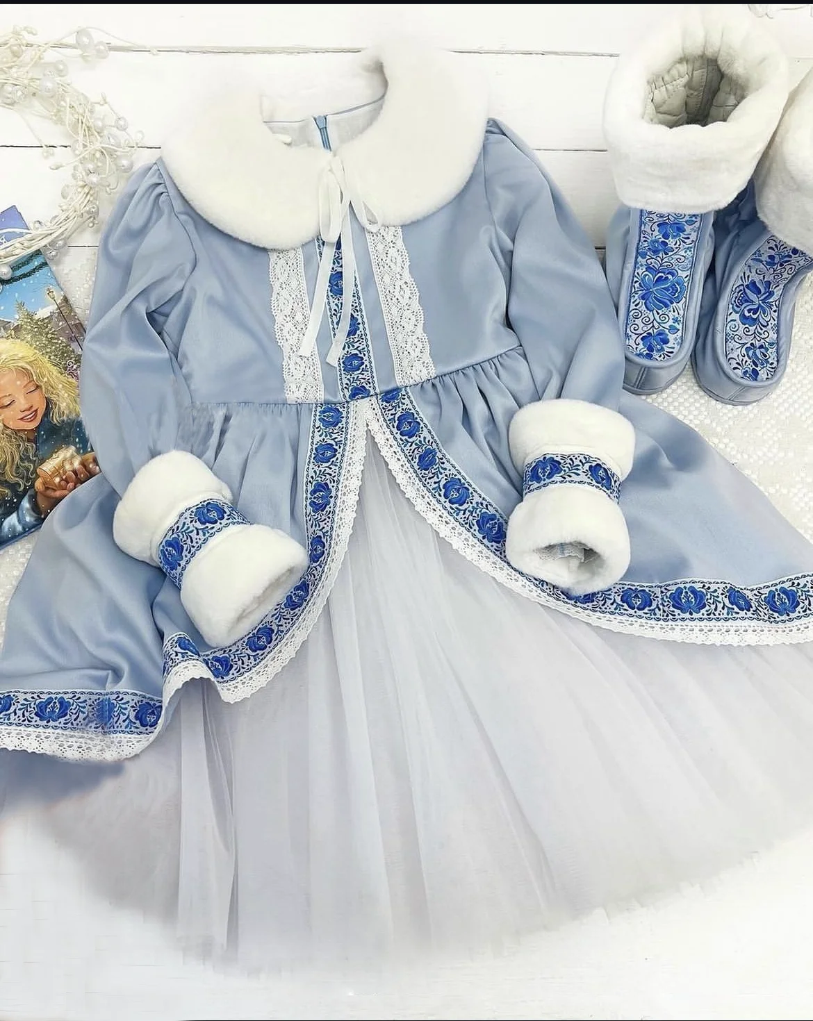 0-12Y Baby Girl Winter Light Blue Velvet Vintage Princess Ball Gown Dress for Eid Birthday Causal Party