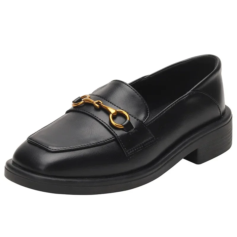 

Pop Women Loafers Luxury Design Genuine Leather Metal Slip On Thick Heel Casual Loafers Round Toe Retro Women Casual Shoes