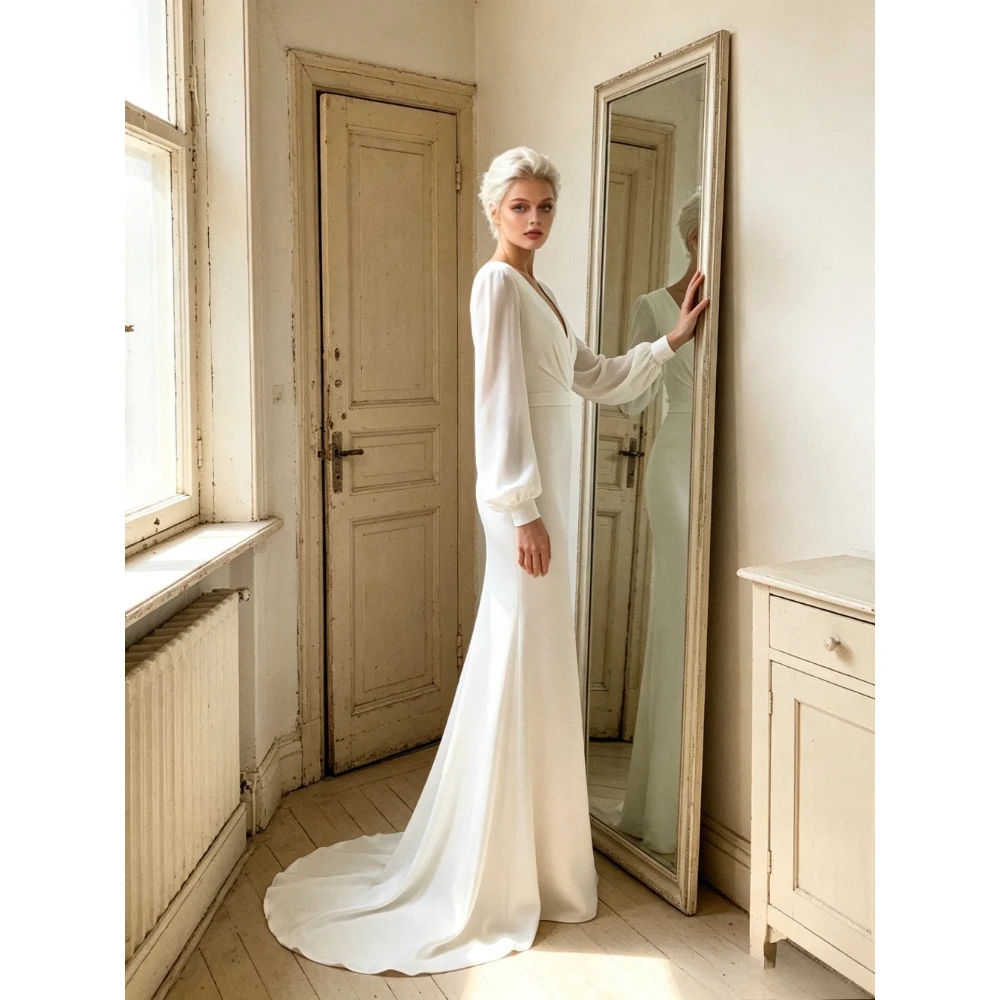 Customized V-neck Long Sleeved Mermaid Wedding Dress 2026 Fluffy Sleeves Flowing Trailing Pleats Exquisite Celebrity Bridal Gown
