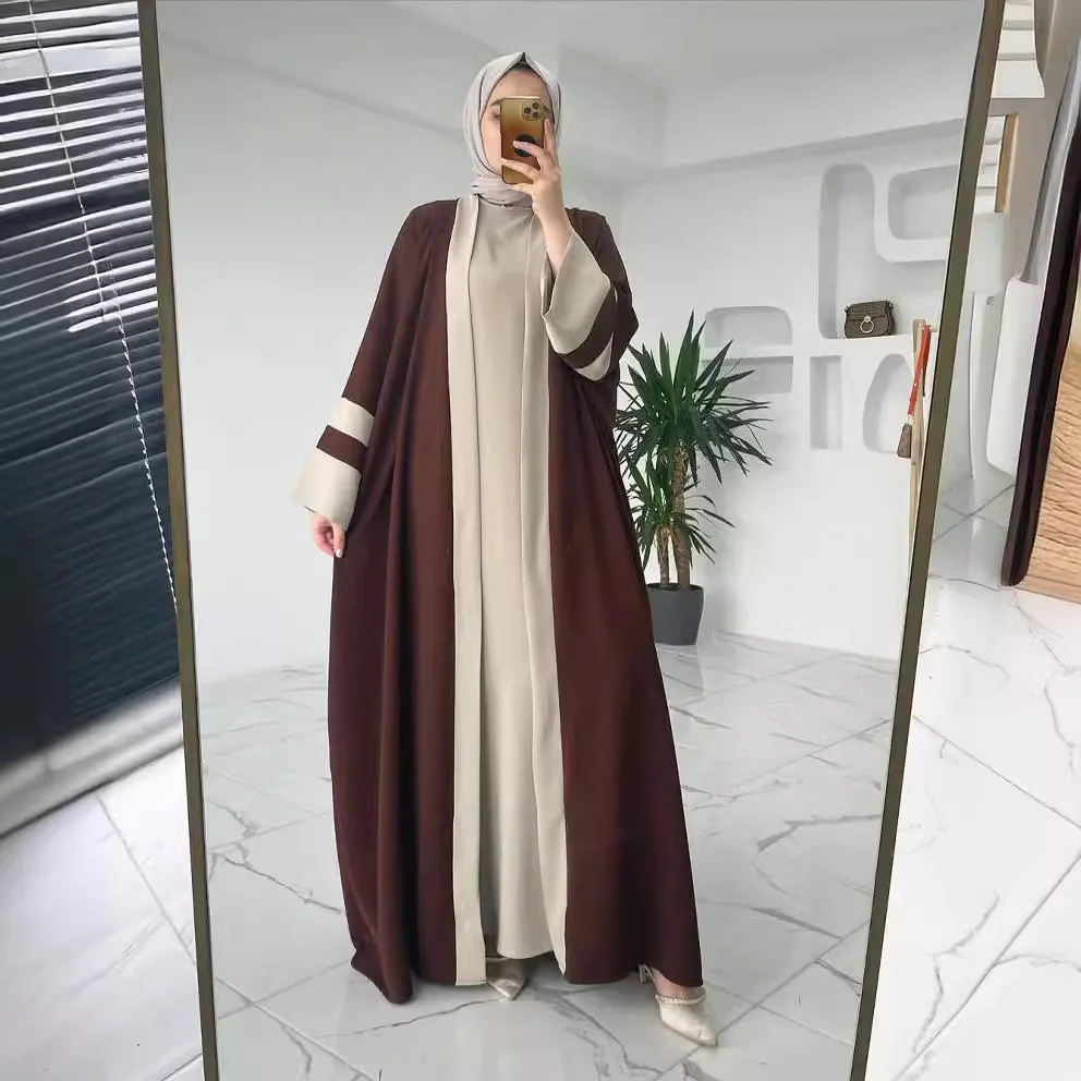 Muslim Two Pieces Sets Women Out Abaya Loose Cardigan Coat Sleeveless Inner Dress Prayer Islamic Clothing Matching Suit Arab New