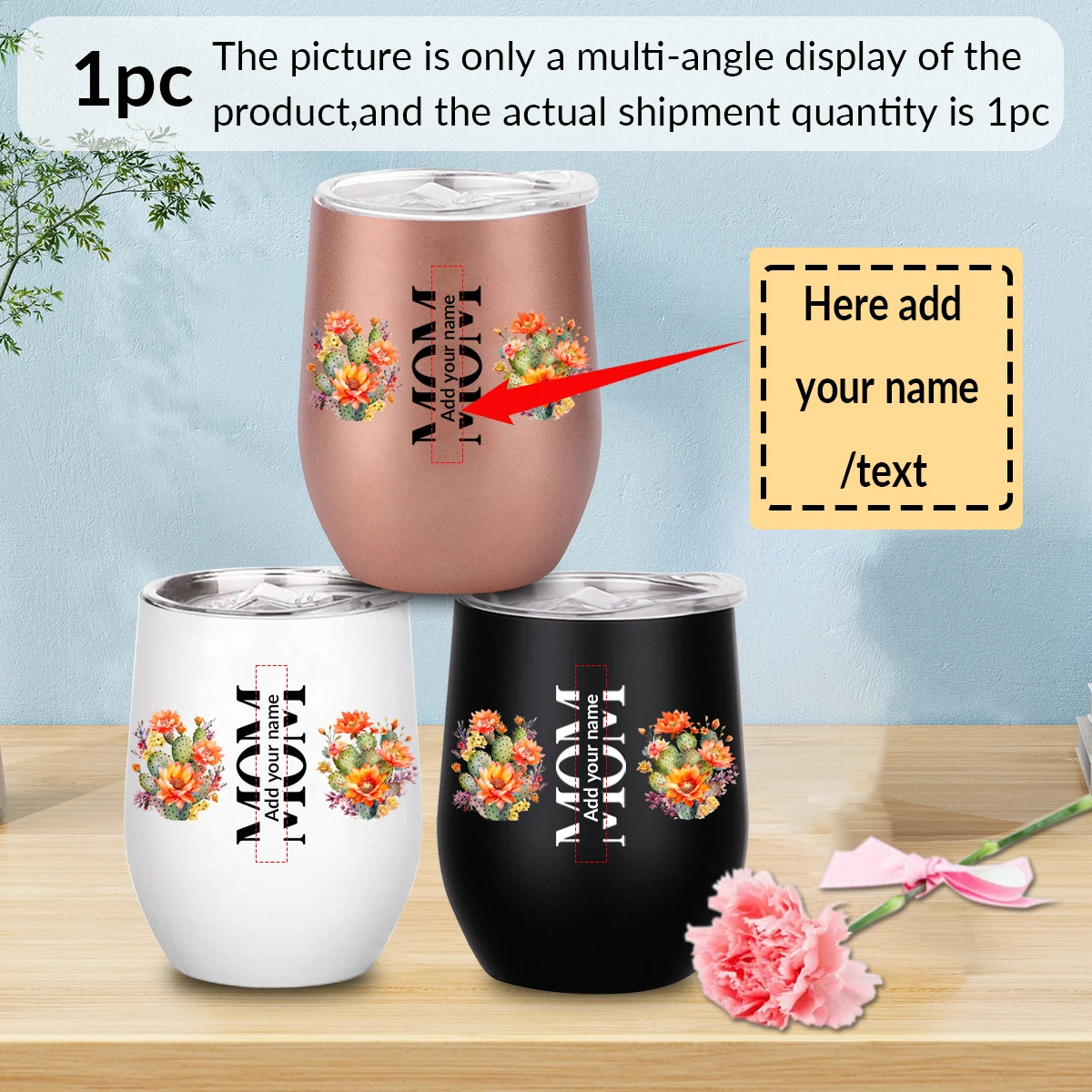 1pc Customized Name 20oz Car Cup with Lid Straw Print Cactus Mother's Day Stainless Steel Water Bottle Hot Insulated Water Cups