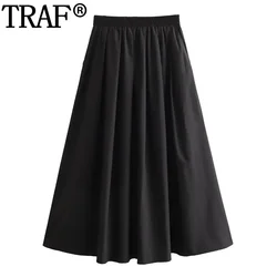 TRAF-Saia Midi de Cintura Alta Feminina, Preta, Longa, Solta, Elegante, Casual, Social, Primavera, 2022