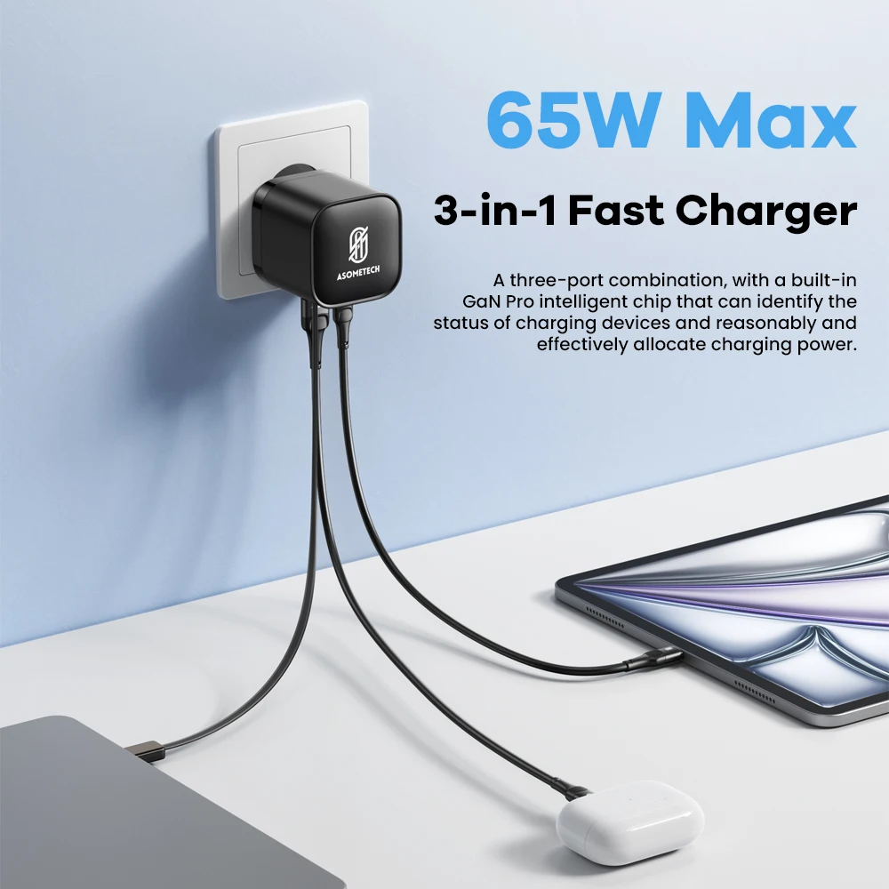 65W GaN USB Charger with Type C Retractable Cable 3 Port QC4.0 PD3.0 PPS Fast Charger for Macbook Laptop iPhone 16 15 14 Xiaomi