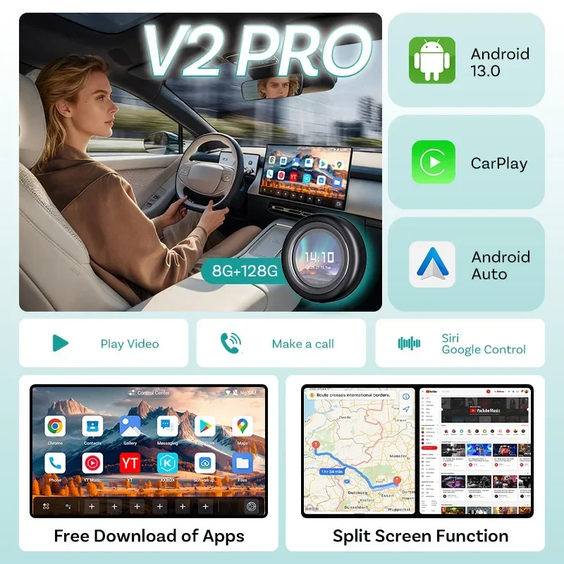 OTTOCAST V2 PRO Ai Box Wireless Carplay Android Auto محول Android 13 Play Store Netflix Youtube Video Box لسيارات BMW MG Hyundai