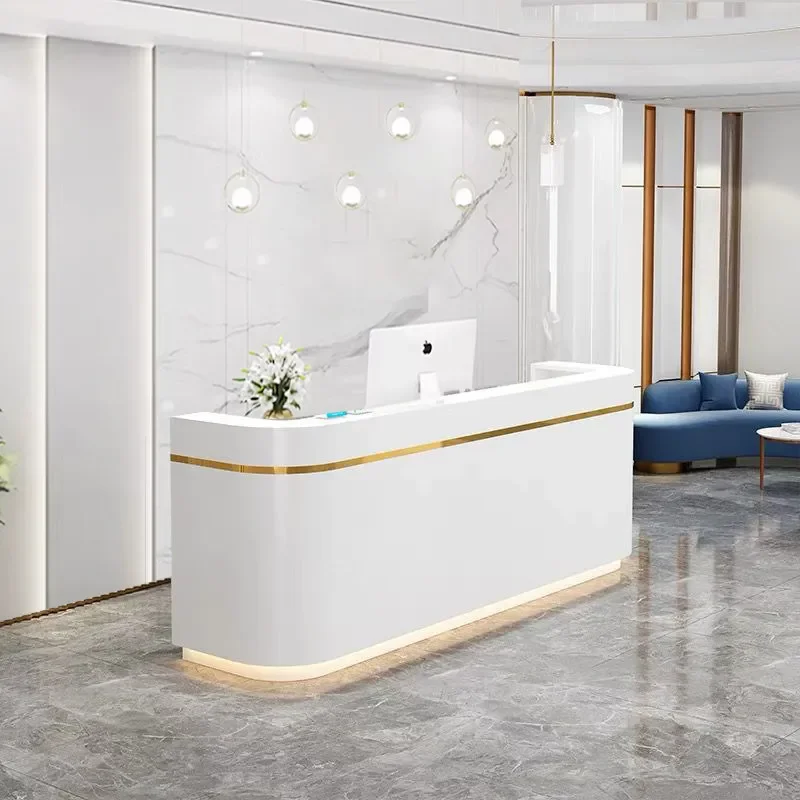 Simple beauty salon corner cashier counter store small imitation marble curved bar counter white paint front desk