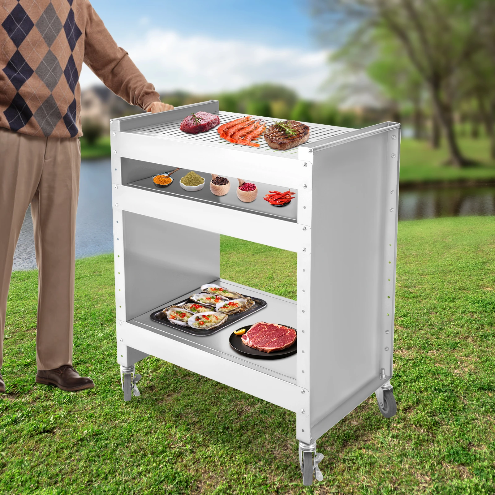 Stainless Steel Grill Cart Wheelcart Mobile Barbecue Trolley Picnic Carts for Outdoor Barbecues Banquets