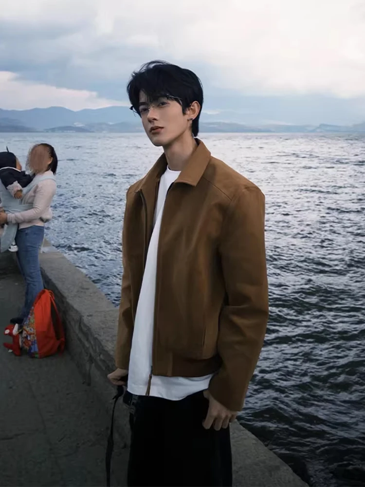 

Мужская куртка из коричневой замши с отложным воротником, весенняя, в американском стиле, с эффектом высококачественной отделки, стандартный крой