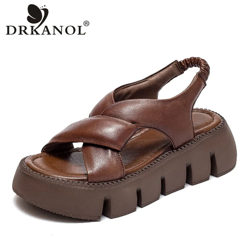 DRKANOL Fashion Women Sandals 2026 Summer Shoes Real Cowhide Solid Color Concise Open Toe Platform Wedges Casual Sandals Ladies