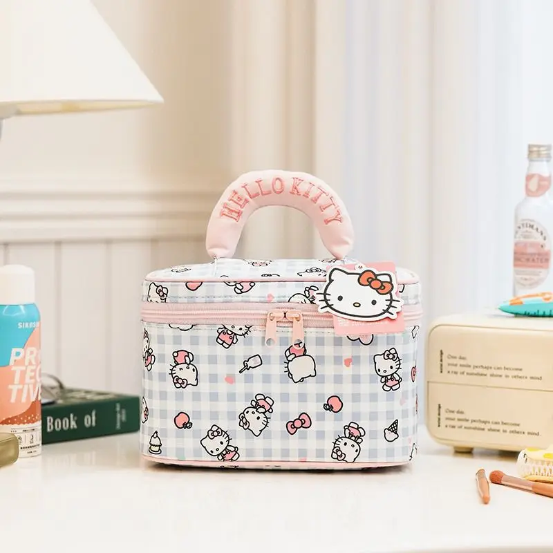 Cute Hello Kitty Checkered Travel Makeup Bag, Multi-Functional Cosmetic Storage Organizer with Handle, Cartoon Plaid Toiletry view 5